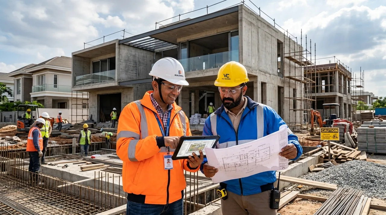 Two construction professionals reviewing a plan together on a residential site